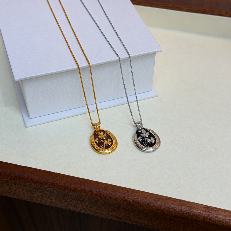Gold and silver four-leaf clover enamel pendant necklaces