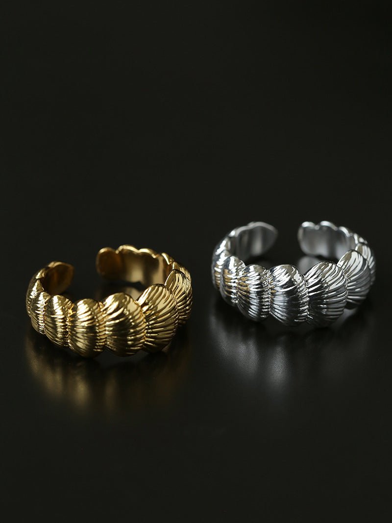 3D Sculpted Seashell Texture Open Statement Ring - floysun