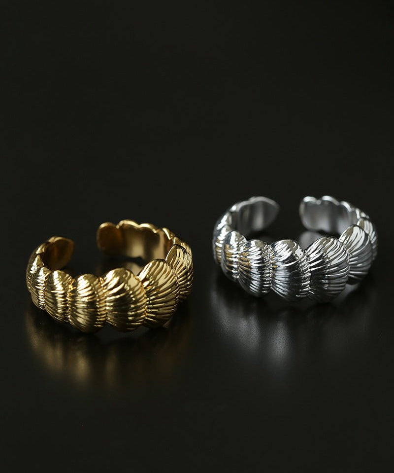 3D Sculpted Seashell Texture Open Statement Ring - floysun