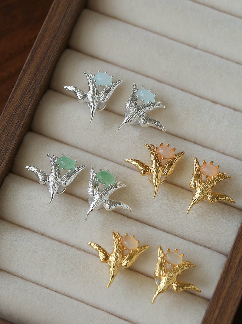 3D Soaring Bird Stud Earrings - Textured Metal with Natural Gemstones - floysun