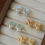 3D Soaring Bird Stud Earrings - Textured Metal with Natural Gemstones - floysun