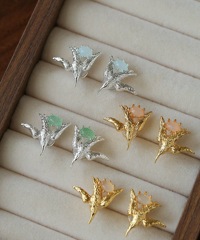 3D Soaring Bird Stud Earrings - Textured Metal with Natural Gemstones - floysun