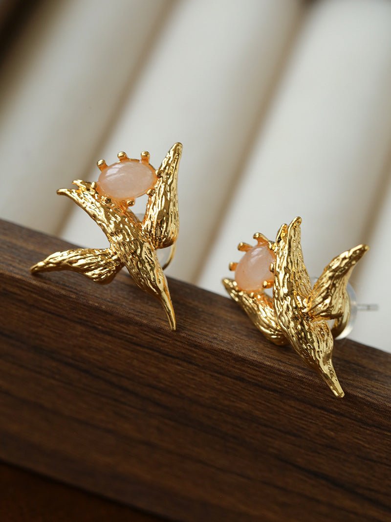 3D Soaring Bird Stud Earrings - Textured Metal with Natural Gemstones - floysun