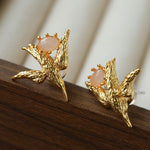 3D Soaring Bird Stud Earrings - Textured Metal with Natural Gemstones - floysun