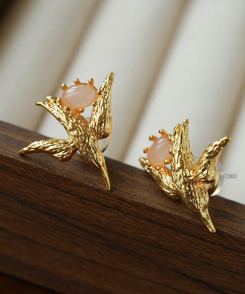 3D Soaring Bird Stud Earrings - Textured Metal with Natural Gemstones - floysun