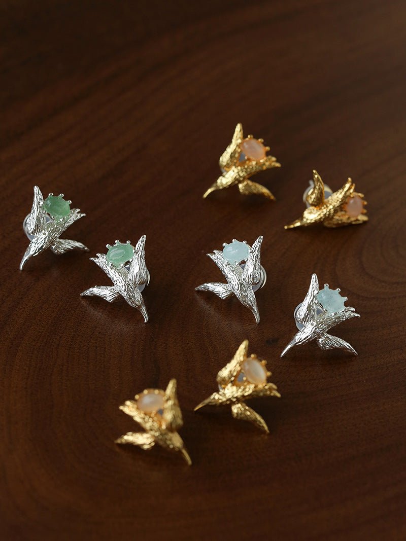 3D Soaring Bird Stud Earrings - Textured Metal with Natural Gemstones - floysun