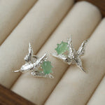 3D Soaring Bird Stud Earrings - Textured Metal with Natural Gemstones - floysun