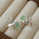 3D Soaring Bird Stud Earrings - Textured Metal with Natural Gemstones - floysun