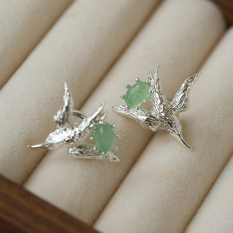 3D Soaring Bird Stud Earrings - Textured Metal with Natural Gemstones - floysun