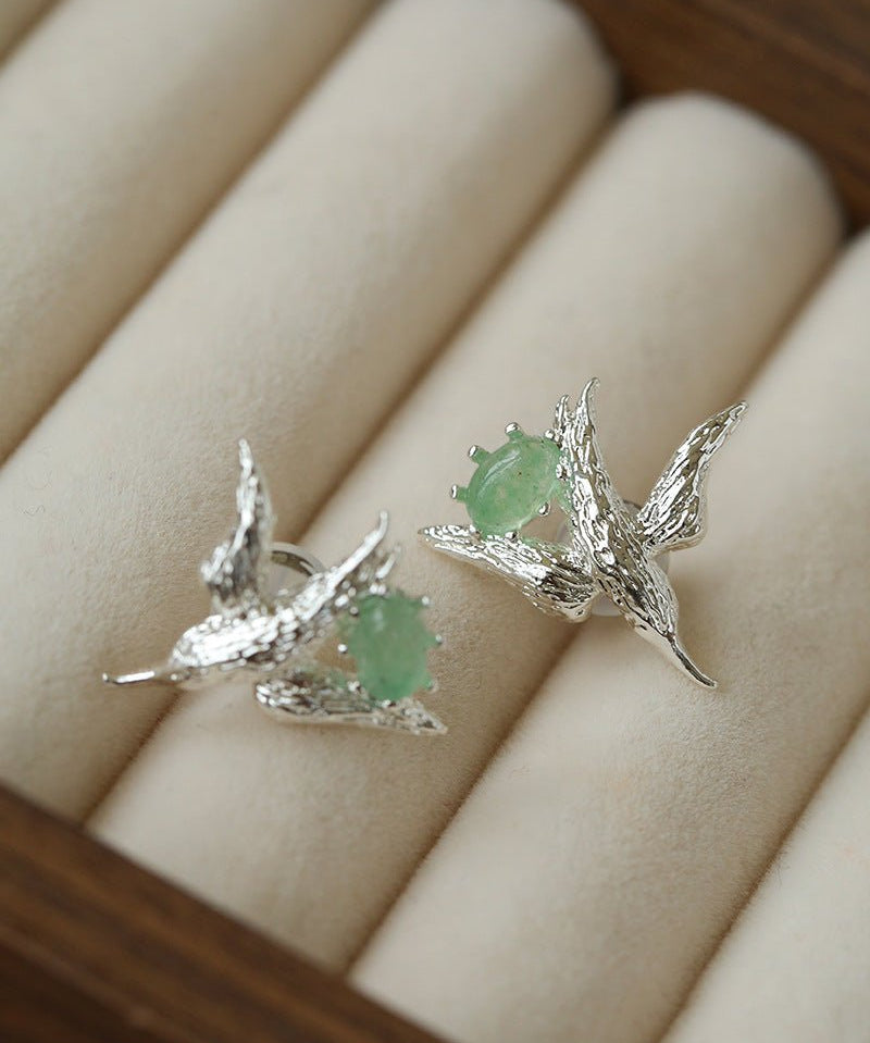 3D Soaring Bird Stud Earrings - Textured Metal with Natural Gemstones - floysun