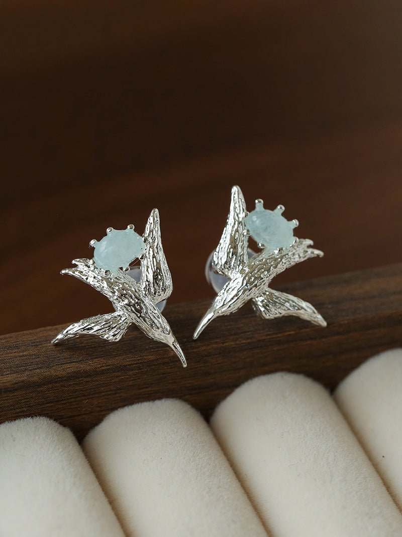 3D Soaring Bird Stud Earrings - Textured Metal with Natural Gemstones - floysun
