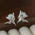 3D Soaring Bird Stud Earrings - Textured Metal with Natural Gemstones - floysun