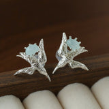 3D Soaring Bird Stud Earrings - Textured Metal with Natural Gemstones - floysun