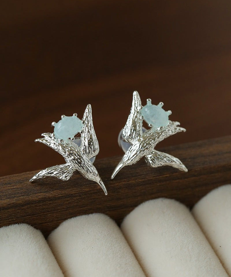 3D Soaring Bird Stud Earrings - Textured Metal with Natural Gemstones - floysun