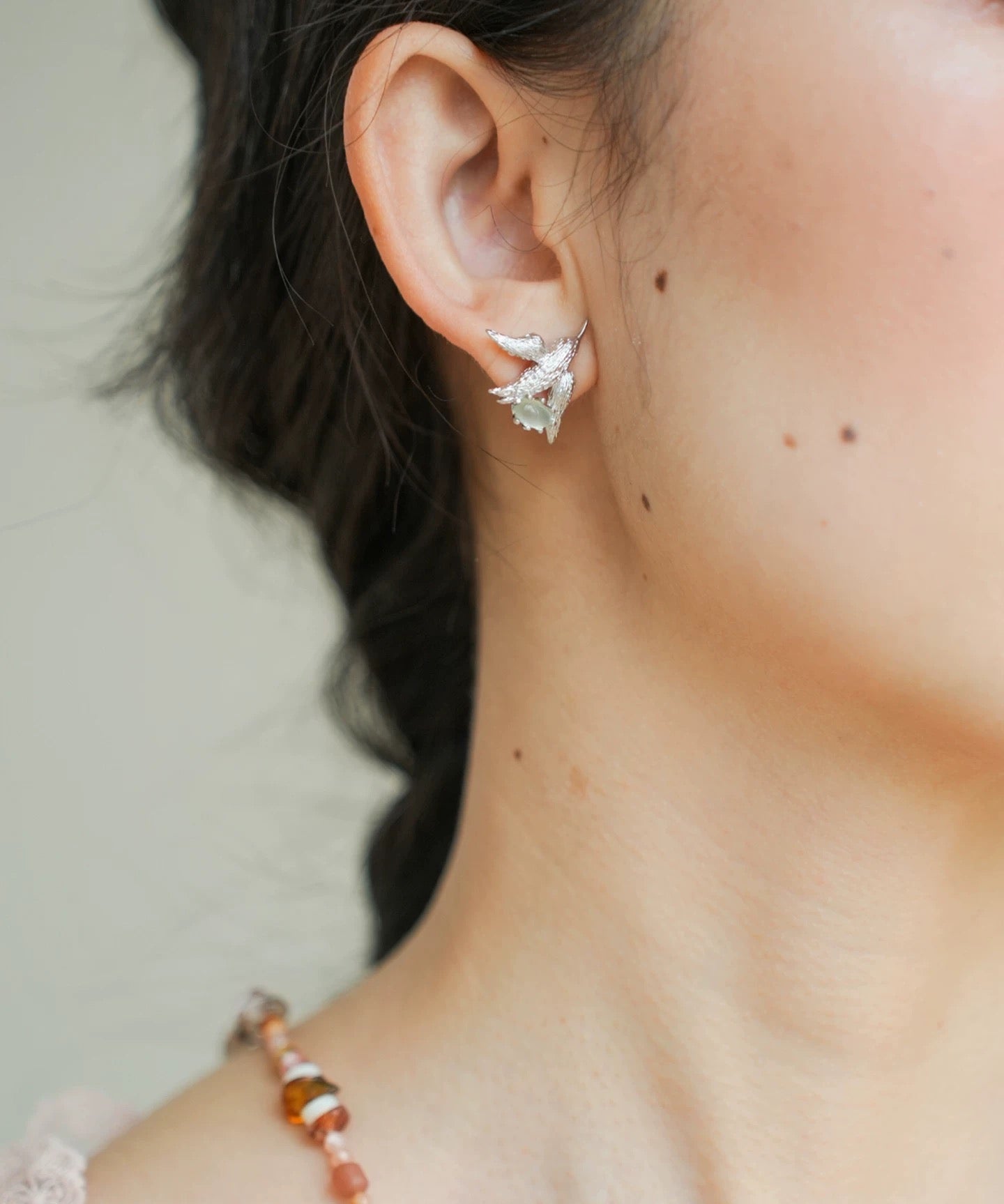 3D Soaring Bird Stud Earrings - Textured Metal with Natural Gemstones - floysun