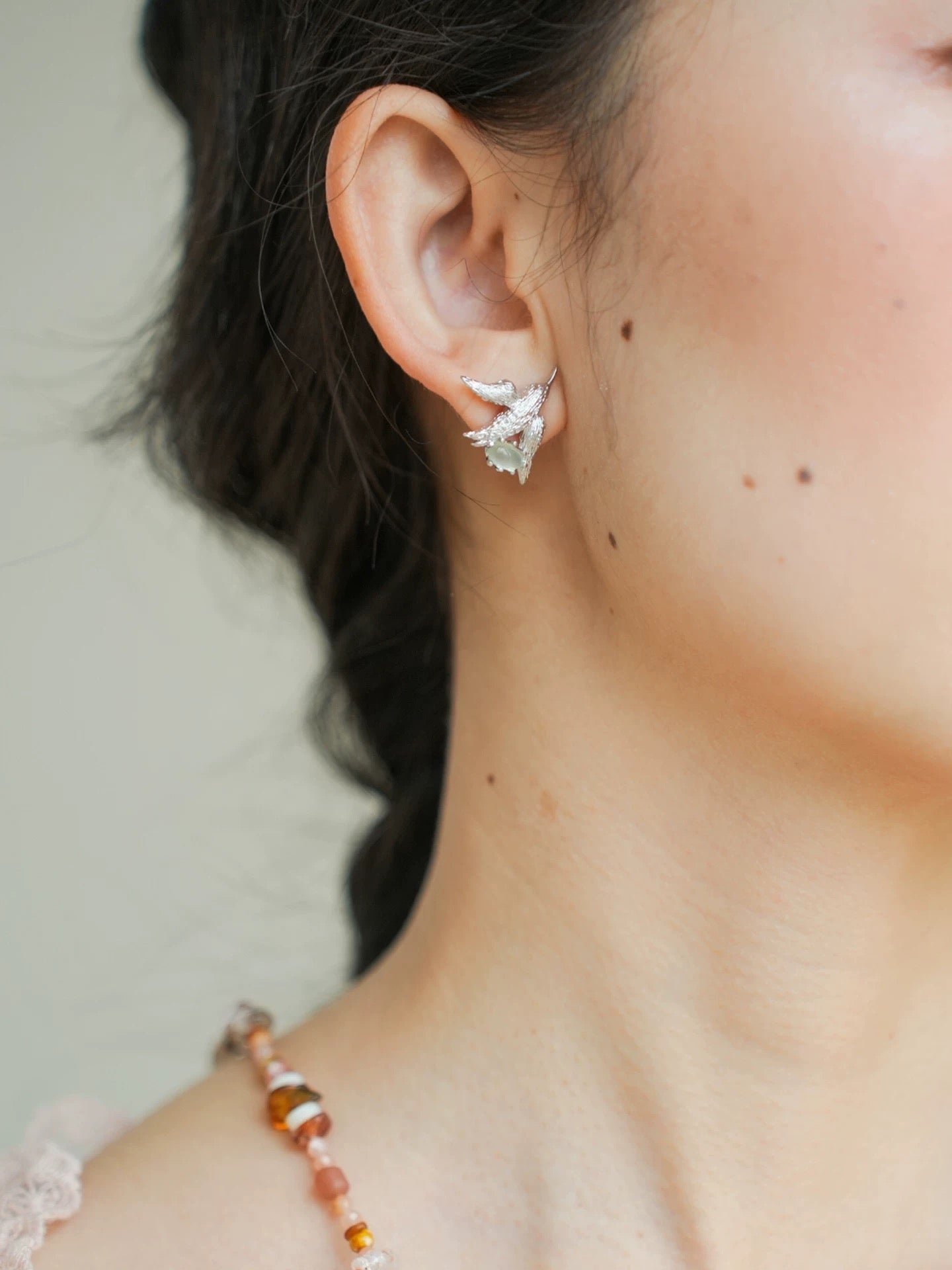3D Soaring Bird Stud Earrings - Textured Metal with Natural Gemstones - floysun
