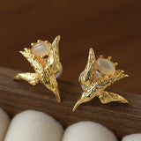 3D Soaring Bird Stud Earrings - Textured Metal with Natural Gemstones - floysun