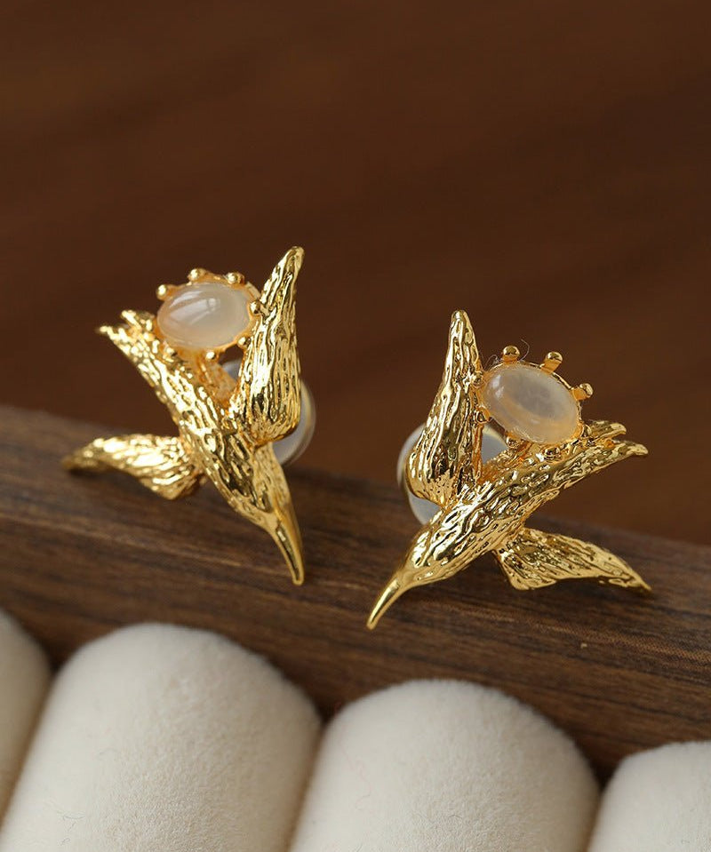 3D Soaring Bird Stud Earrings - Textured Metal with Natural Gemstones - floysun