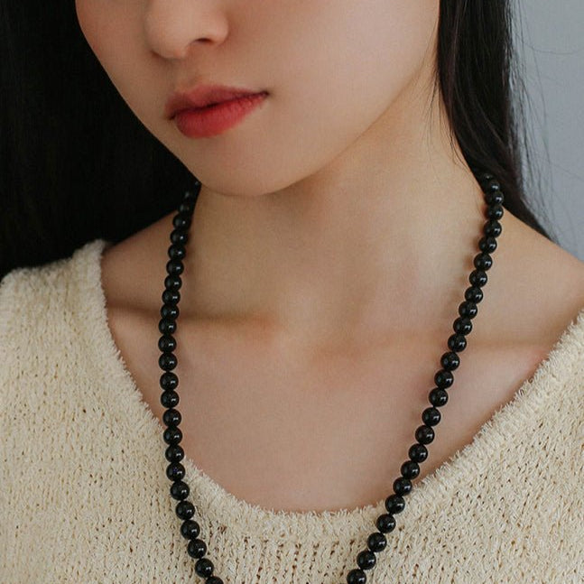 8mm Black Onyx Beaded Long Necklace - floysun