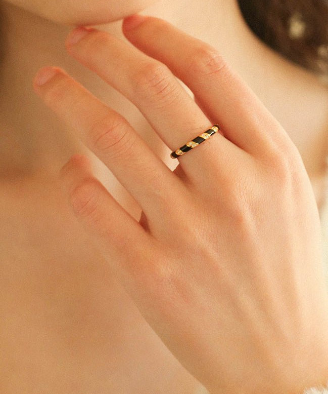 925 Silver Black and White Enamel Striped Ring - floysun