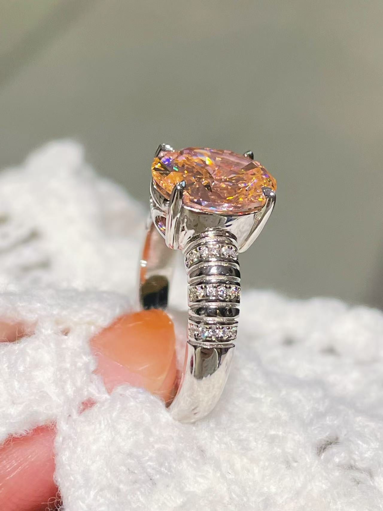 925 Silver Gold Plated Four Prong Oval Pink Morganite Solitaire Ring - floysun