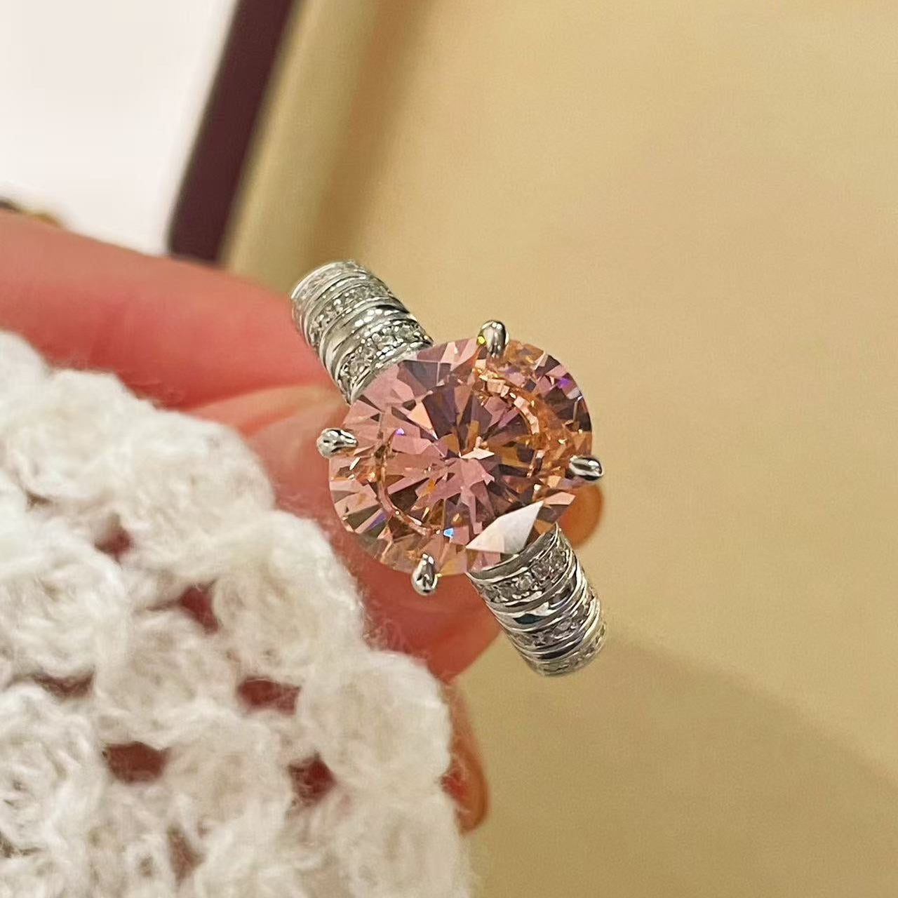 925 Silver Gold Plated Four Prong Oval Pink Morganite Solitaire Ring - floysun