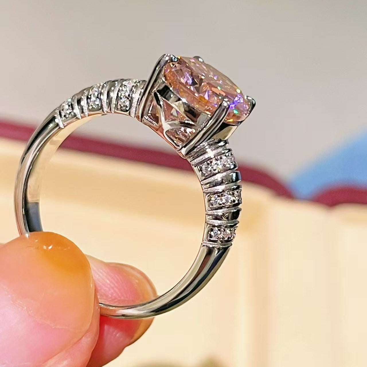 925 Silver Gold Plated Four Prong Oval Pink Morganite Solitaire Ring - floysun