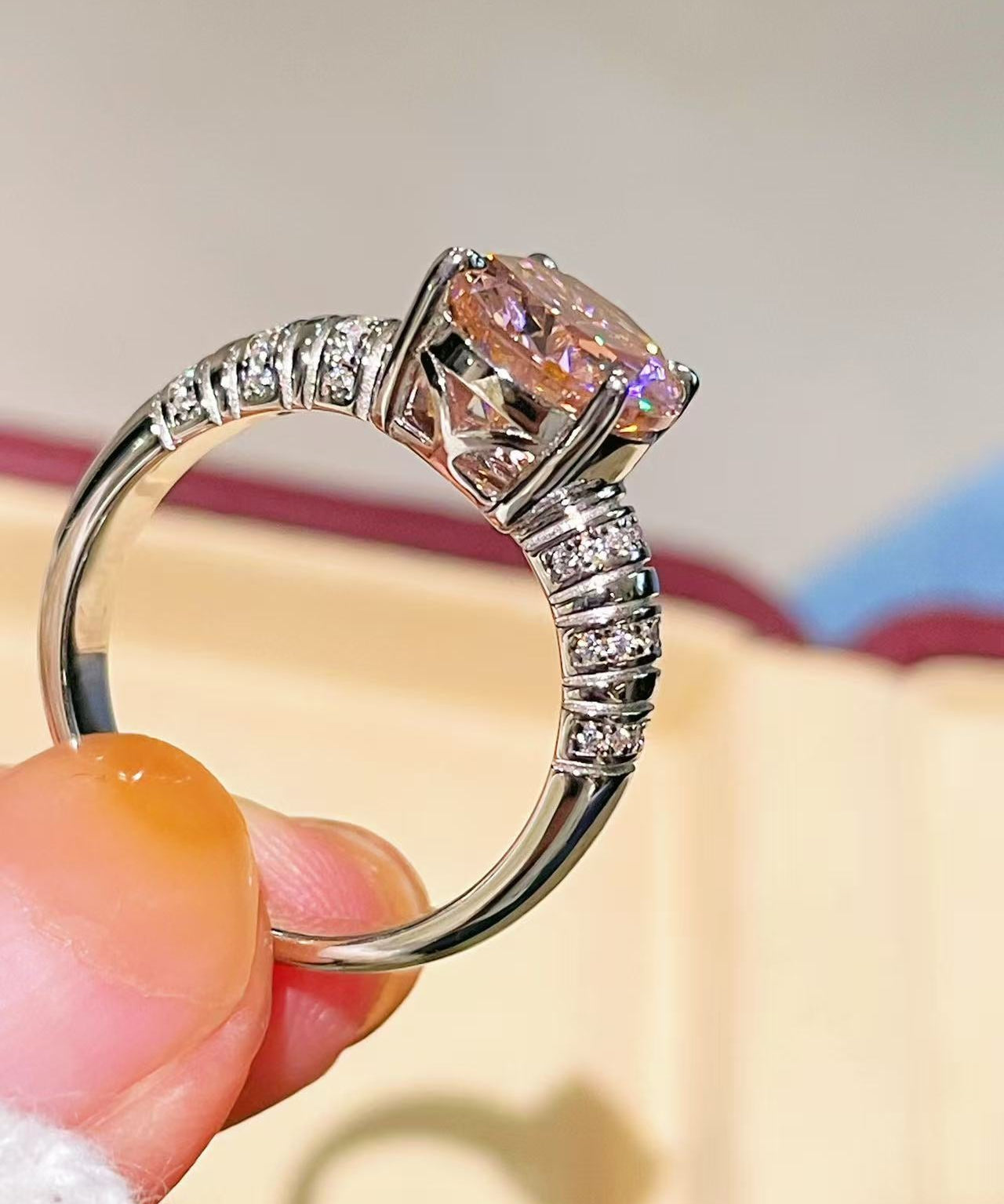 925 Silver Gold Plated Four Prong Oval Pink Morganite Solitaire Ring - floysun