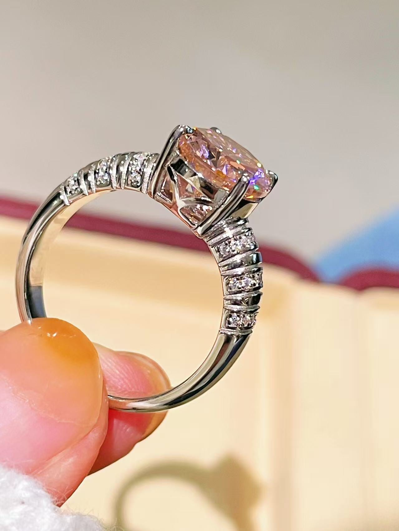 925 Silver Gold Plated Four Prong Oval Pink Morganite Solitaire Ring - floysun