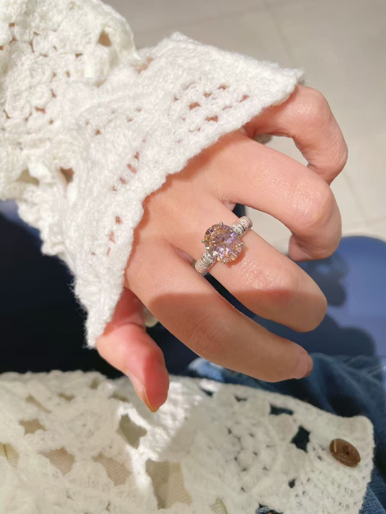 925 Silver Gold Plated Four Prong Oval Pink Morganite Solitaire Ring - floysun