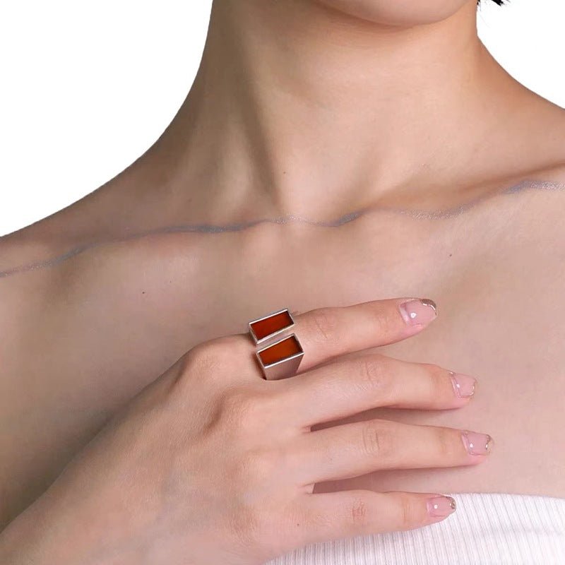 925 Silver Matte Black Red Agate Ring - floysun