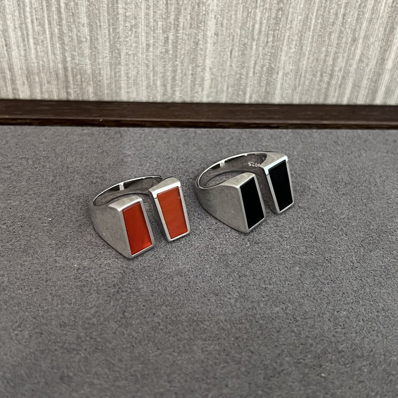 925 Silver Matte Black Red Agate Ring - floysun