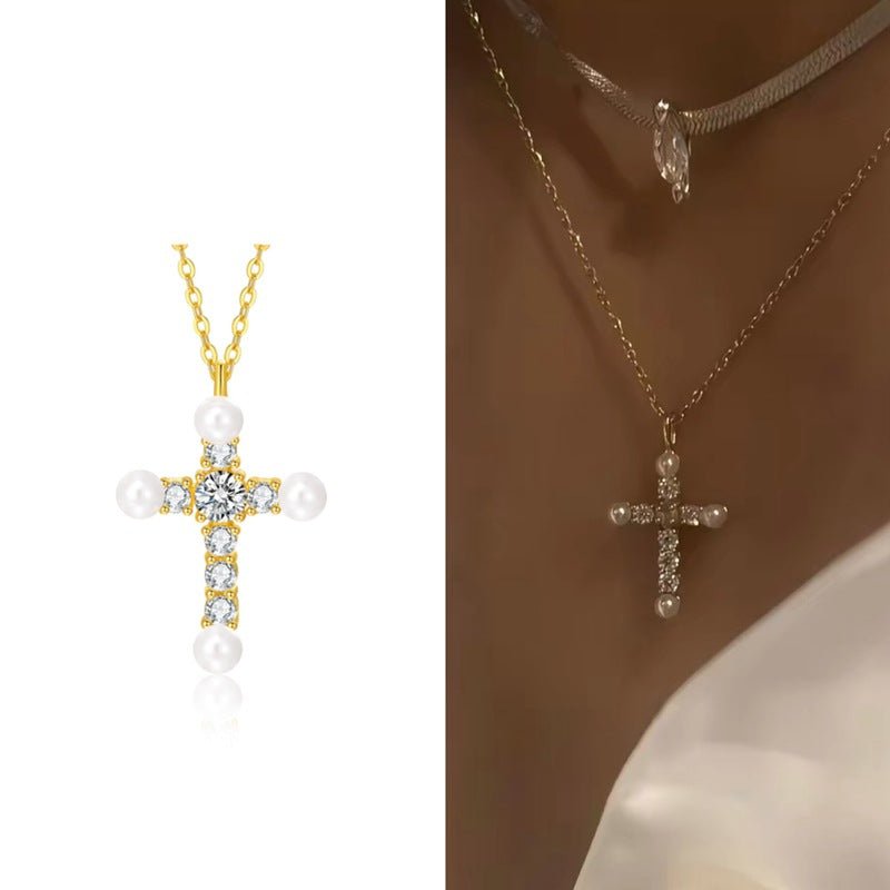 925 Silver Pearl Cross Necklace - floysun