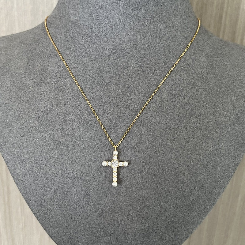 925 Silver Pearl Cross Necklace - floysun