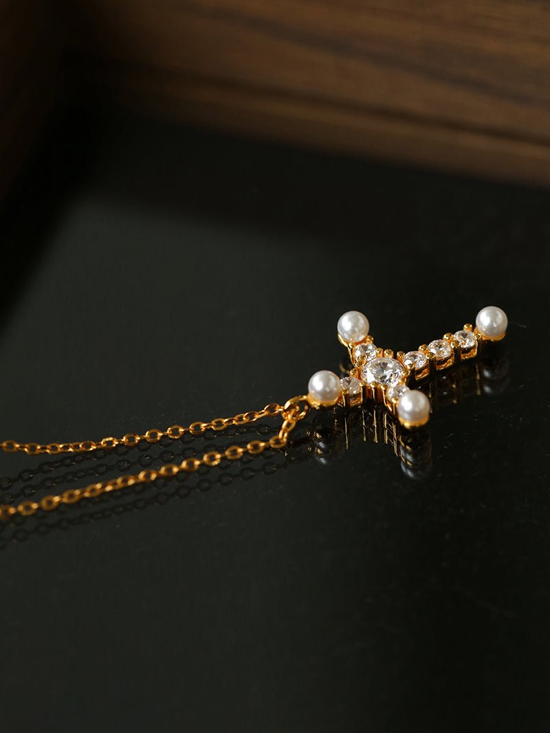 925 Silver Pearl Cubic Zirconia Cross Necklace - floysun