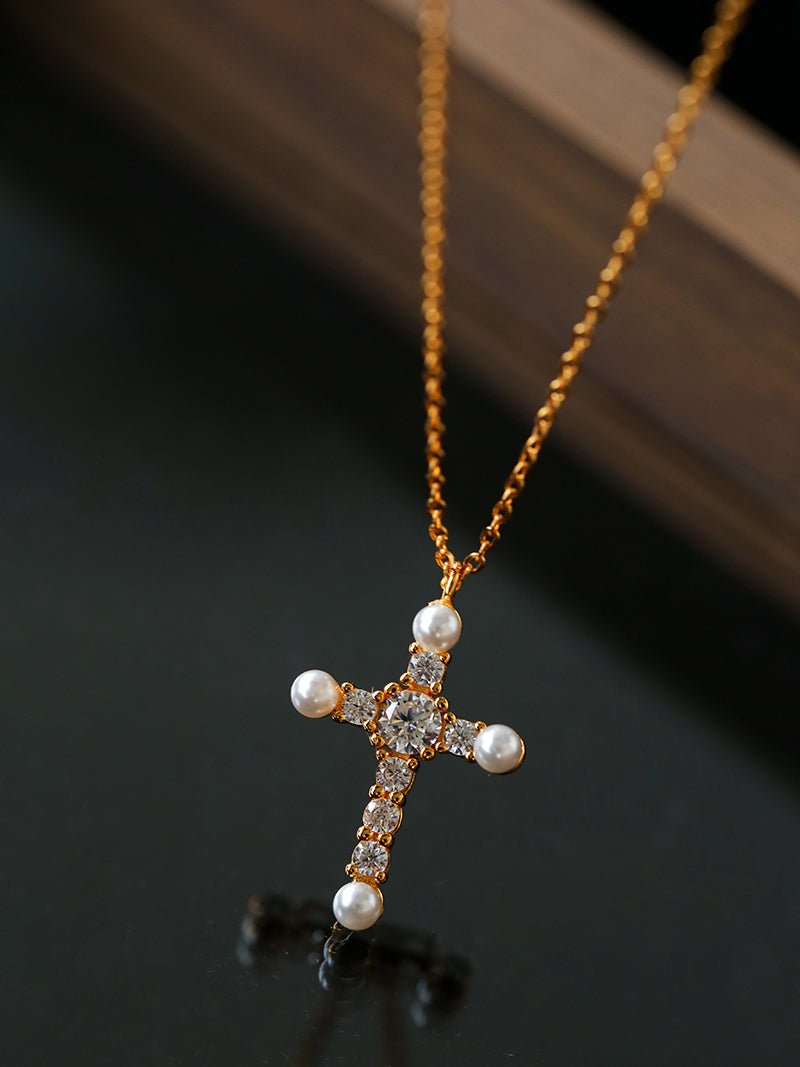 925 Silver Pearl Cubic Zirconia Cross Necklace - floysun