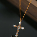 925 Silver Pearl Cubic Zirconia Cross Necklace - floysun