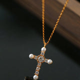 925 Silver Pearl Cubic Zirconia Cross Necklace - floysun