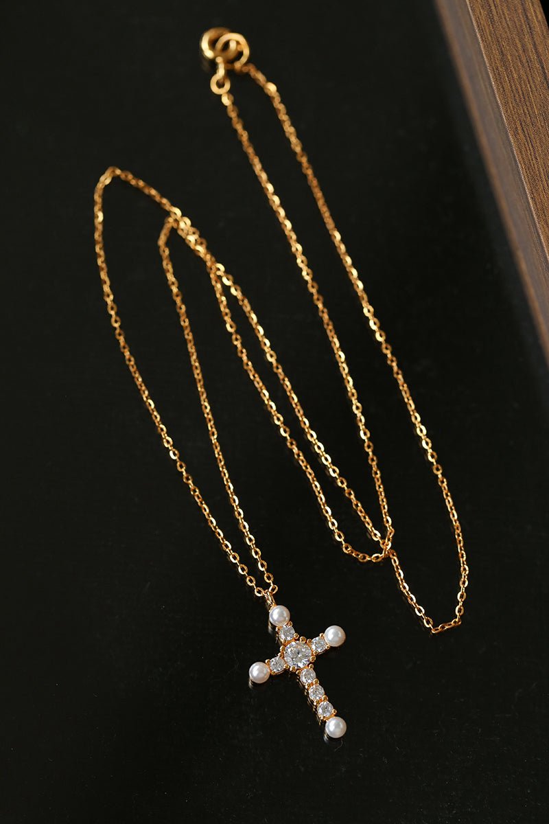 925 Silver Pearl Cubic Zirconia Cross Necklace - floysun