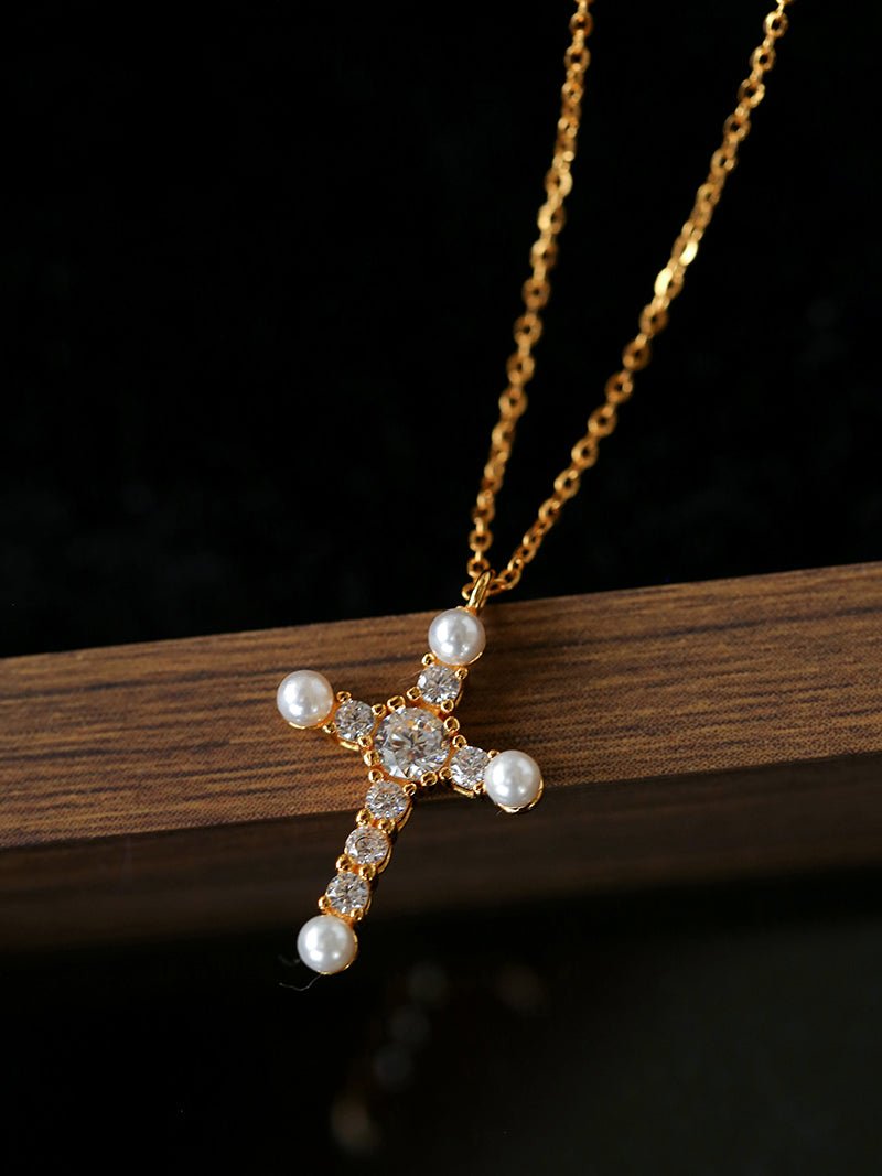 925 Silver Pearl Cubic Zirconia Cross Necklace - floysun