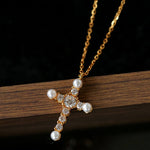 925 Silver Pearl Cubic Zirconia Cross Necklace - floysun