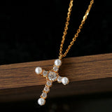925 Silver Pearl Cubic Zirconia Cross Necklace - floysun