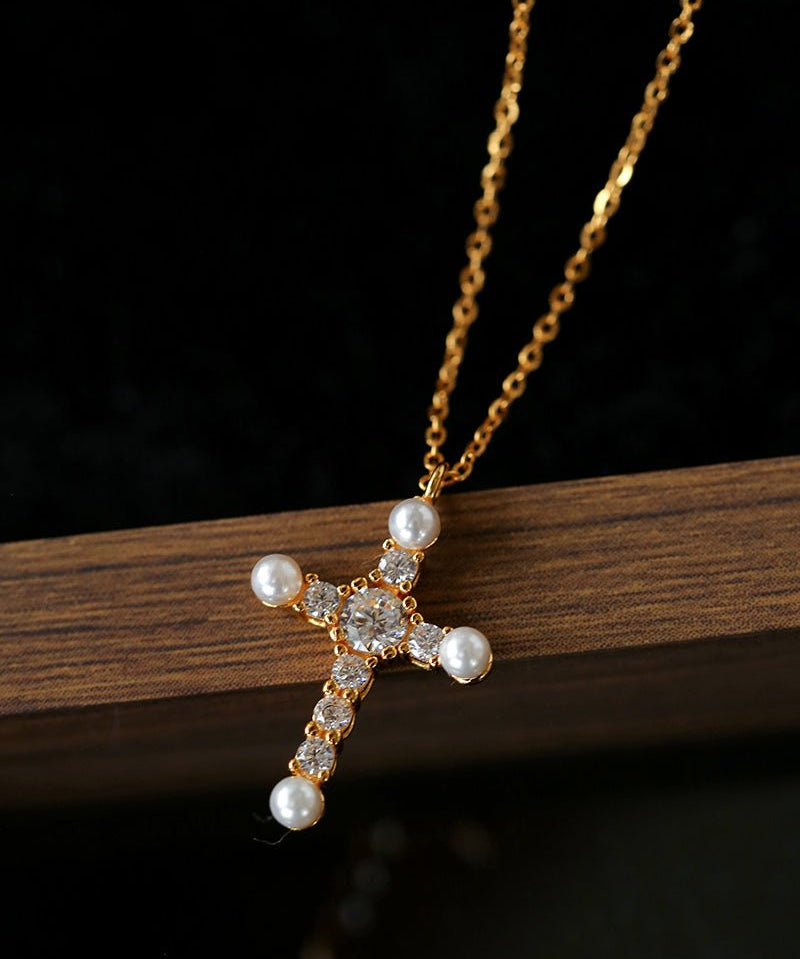 925 Silver Pearl Cubic Zirconia Cross Necklace - floysun