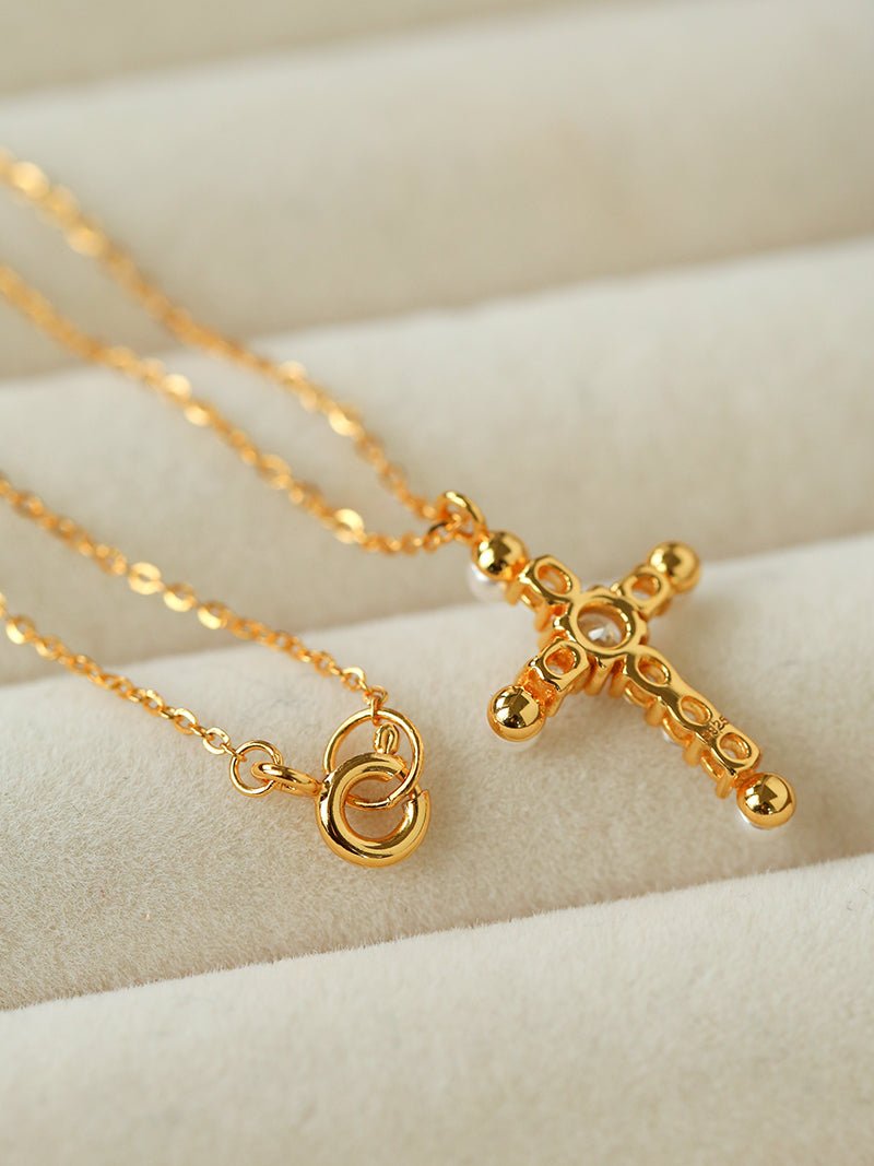 925 Silver Pearl Cubic Zirconia Cross Necklace - floysun