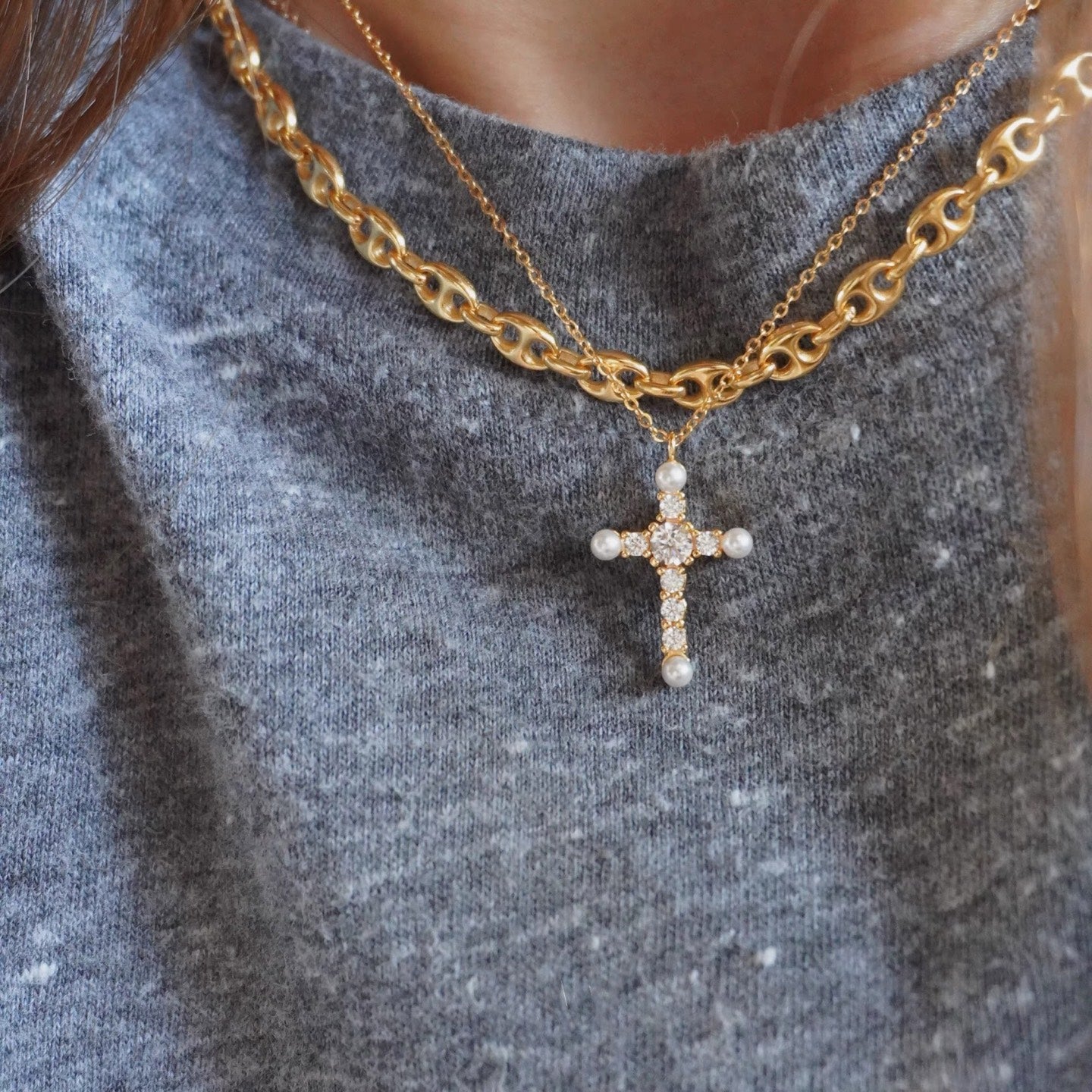 925 Silver Pearl Cubic Zirconia Cross Necklace - floysun