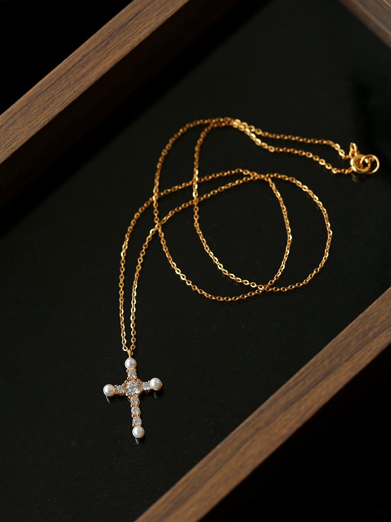 925 Silver Pearl Cubic Zirconia Cross Necklace - floysun