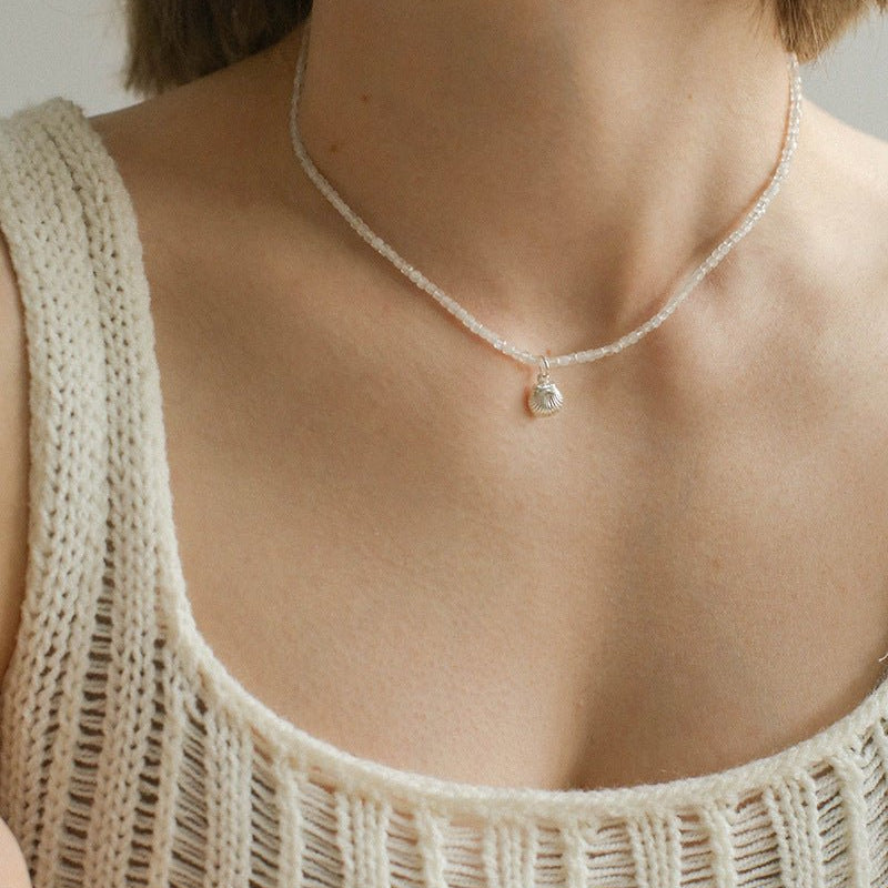 925 Silver Seashell Pendant Summer Gemstone Beaded Necklace - floysun