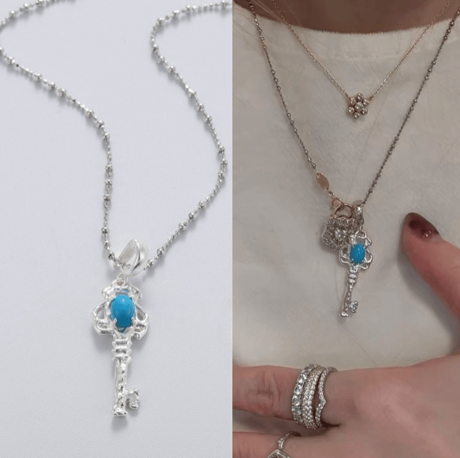 925 Silver Turquoise Key Necklace - floysun