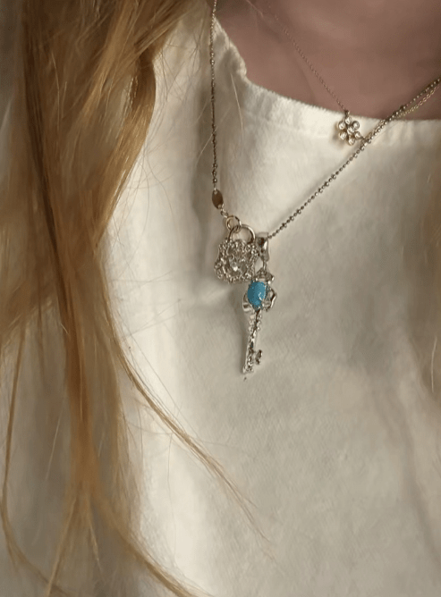 925 Silver Turquoise Key Necklace - floysun