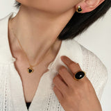 925 Sterling Silver Black Agate Oval Ring - floysun